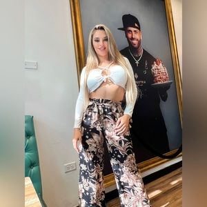 Medium pants and white long sleeve top